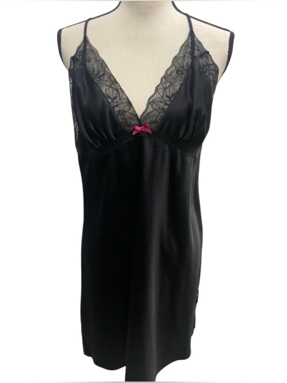 Apt. 9 Black Satin Lace-Trim Chemise with Pink Bow Accent